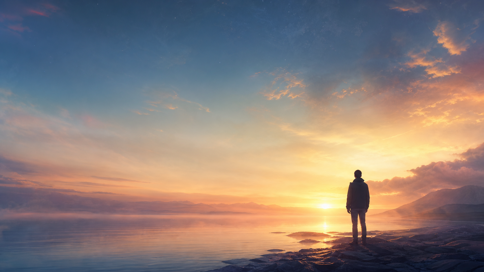 A luminous dawn horizon over quiet water, evoking awareness at a threshold.